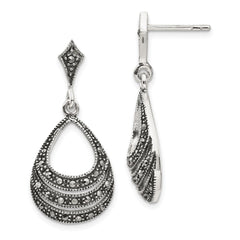 QE3417 Sterling Silver RH-plated Textured Marcasite Teardrop Post Dangle Earrings