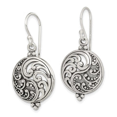 QE3433 Sterling Silver Polished & Antiqued Filigree Yin and Yang Dangle Earrings