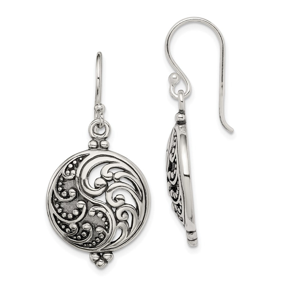 QE3433 Sterling Silver Polished & Antiqued Filigree Yin and Yang Dangle Earrings