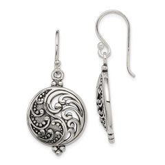 QE3433 Sterling Silver Polished & Antiqued Filigree Yin and Yang Dangle Earrings