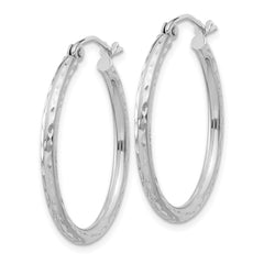QE3530 Sterling Silver Rhodium-plated 2mm Diamond Cut Hoop Earrings