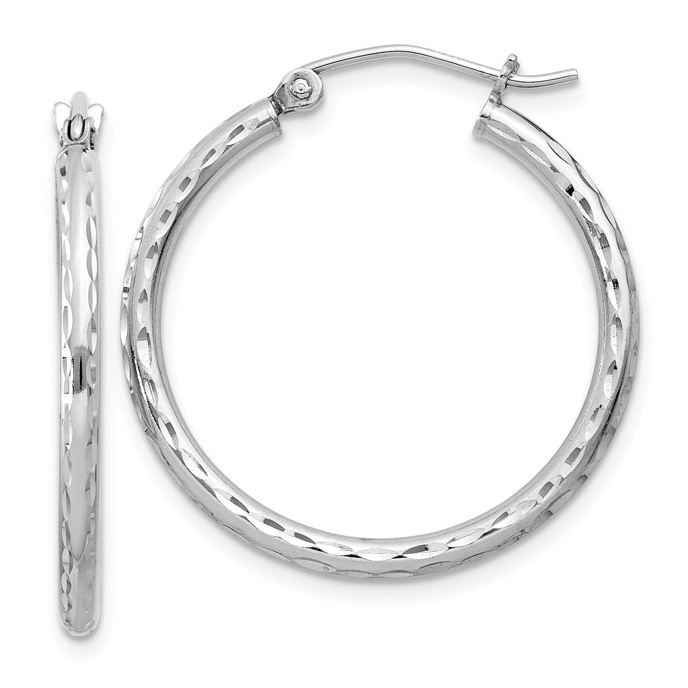QE3530 Sterling Silver Rhodium-plated 2mm Diamond Cut Hoop Earrings