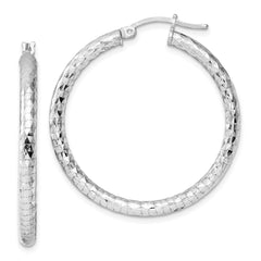 QE3540 Sterling Silver Rhodium-plated 3.00mm Diamond-cut Hoop Earrings