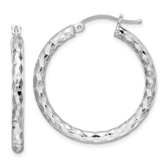 QE3541 Sterling Silver Rhodium-plated 3.00mm Diamond-cut Hoop Earrings