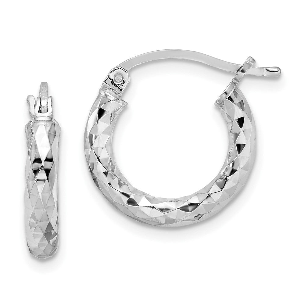 QE3544 Sterling Silver Rhodium-plated 3.00mm Diamond-cut Hoop Earrings