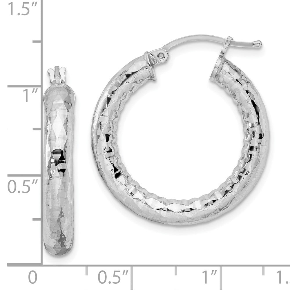 QE3546 Sterling Silver Rhodium-plated 4.00mm Diamond-cut Hoop Earrings