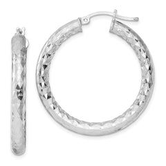 QE3547 Sterling Silver Rhodium-plated 4.00mm Diamond-cut Hoop Earrings