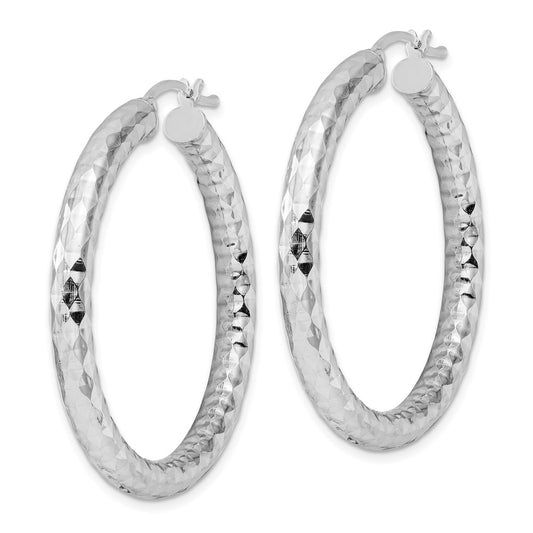 QE3548 Sterling Silver Rhodium-plated 4.00mm Diamond-cut Hoop Earrings