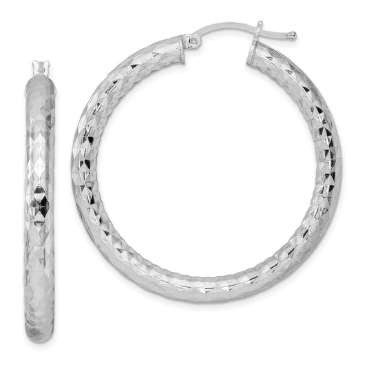 QE3548 Sterling Silver Rhodium-plated 4.00mm Diamond-cut Hoop Earrings