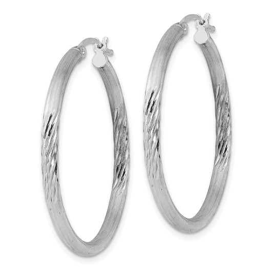 QE3554 Sterling Silver Rhod-plated 2.5mm Polished/Satin Diamond-cut Hoop Earrings