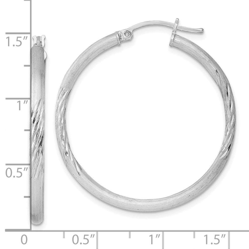 QE3554 Sterling Silver Rhod-plated 2.5mm Polished/Satin Diamond-cut Hoop Earrings