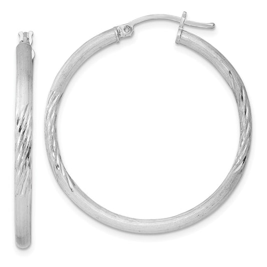 QE3554 Sterling Silver Rhod-plated 2.5mm Polished/Satin Diamond-cut Hoop Earrings