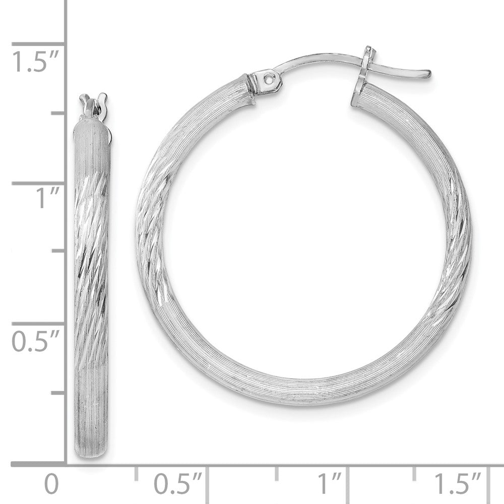 QE3559 Sterling Silver Rhodium-plated 3mm Polished/Satin Diamond-cut Hoop Earrings