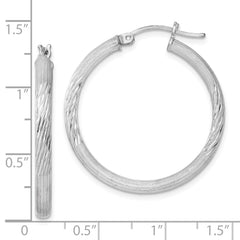 QE3559 Sterling Silver Rhodium-plated 3mm Polished/Satin Diamond-cut Hoop Earrings