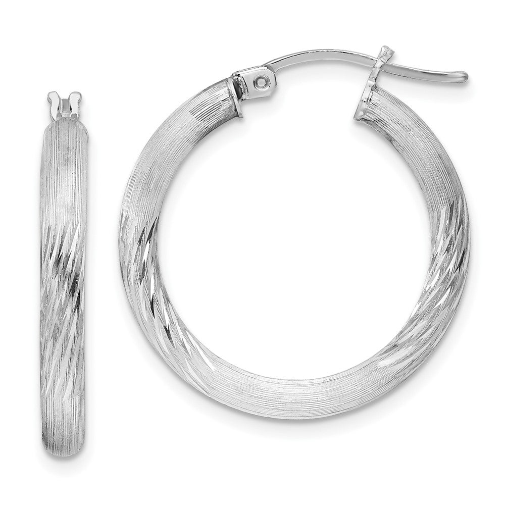 QE3560 Sterling Silver Rhodium-plated 3mm Polished/Satin Diamond-cut Hoop Earrings