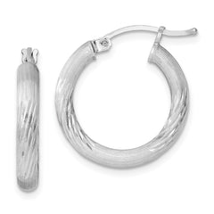 QE3561 Sterling Silver Rhodium-plated 3mm Polished/Satin Diamond-cut Hoop Earrings