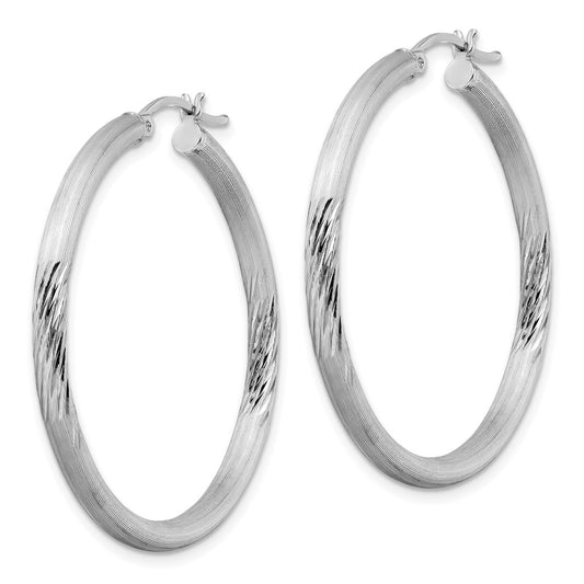 QE3564 Sterling Silver Rhodium-plated 3mm Polished/Satin Diamond-cut Hoop Earrings