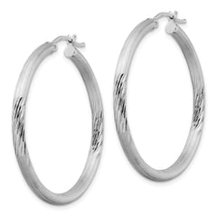 QE3564 Sterling Silver Rhodium-plated 3mm Polished/Satin Diamond-cut Hoop Earrings