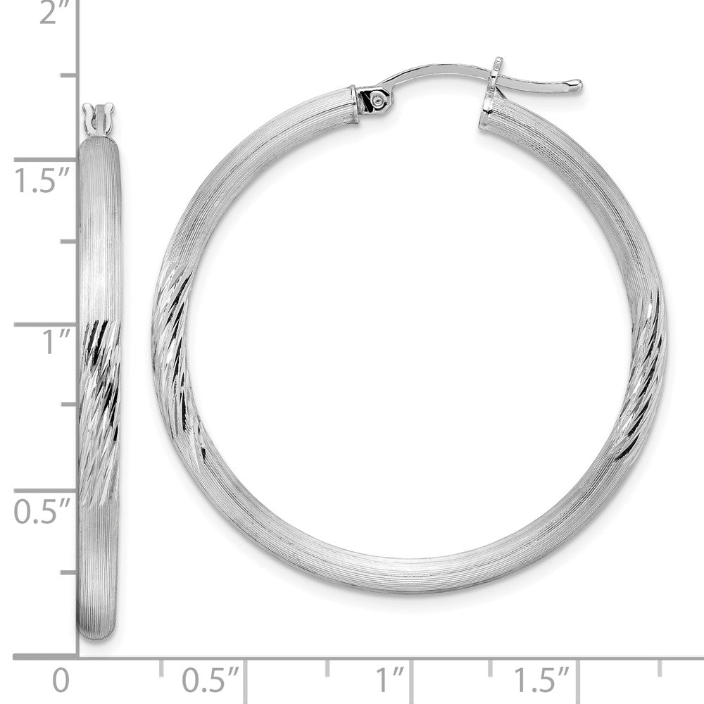 QE3564 Sterling Silver Rhodium-plated 3mm Polished/Satin Diamond-cut Hoop Earrings
