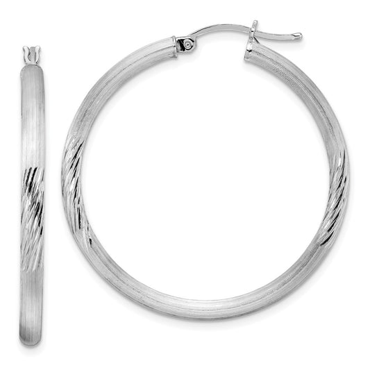 QE3564 Sterling Silver Rhodium-plated 3mm Polished/Satin Diamond-cut Hoop Earrings