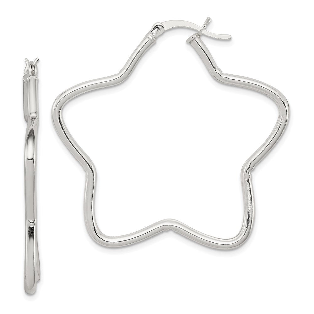 QE3723 Sterling Silver Rhodium-Plated 2mm Star Hoop Earrings
