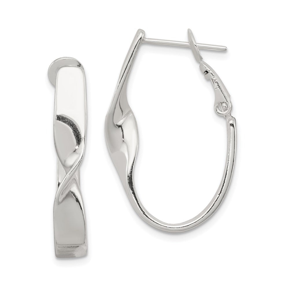 QE3751 Sterling Silver Rhodium-plated Twisted Oval Omega Back Hoop Earrings