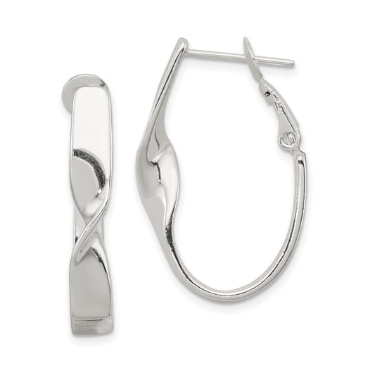QE3751 Sterling Silver Rhodium-plated Twisted Oval Omega Back Hoop Earrings