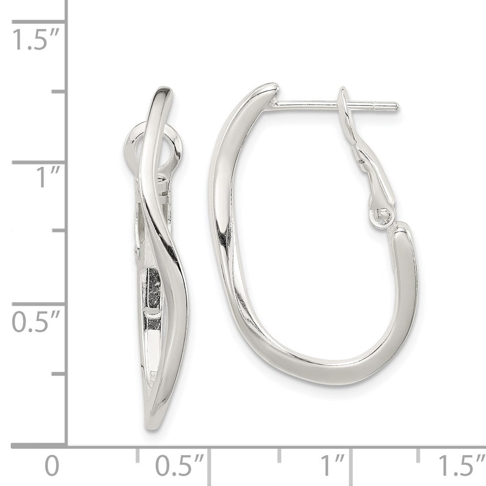 QE3752 Sterling Silver Polished Wavy Omega Back Oval Hoop Earrings