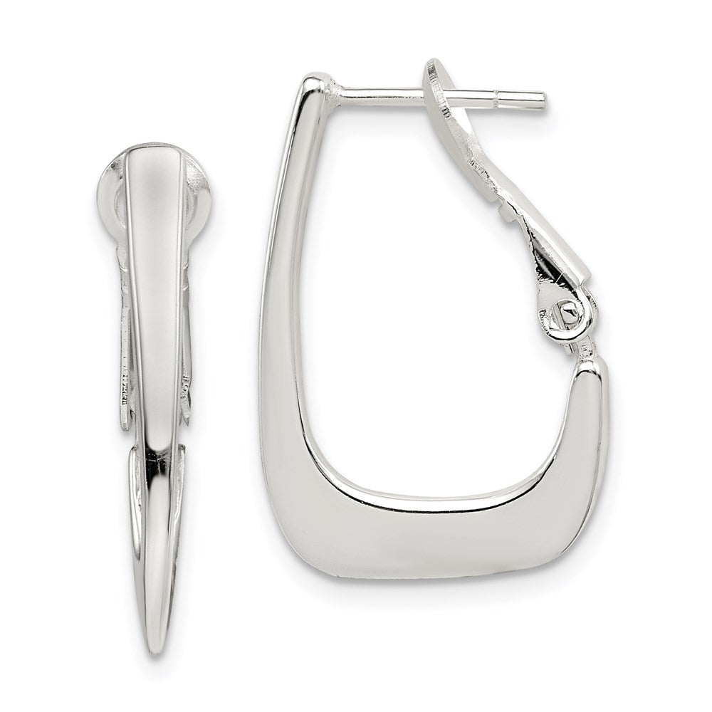 QE3768 Sterling Silver Rhodium-plated Tapered Omega Back Hoop Earrings