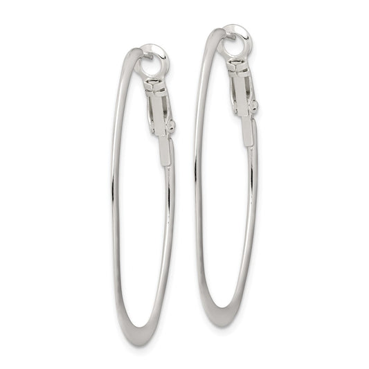 QE3772 Sterling Silver Rhodium-plated 1.5mm Oval Omega Back Hoop Earrings