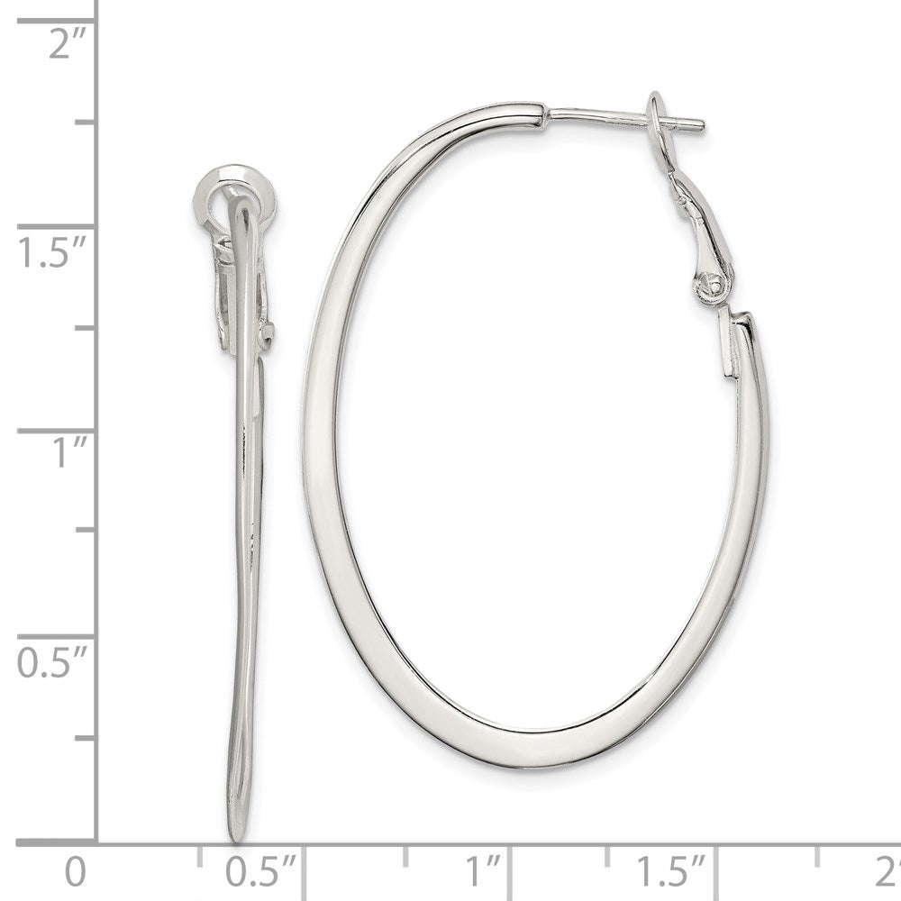 QE3772 Sterling Silver Rhodium-plated 1.5mm Oval Omega Back Hoop Earrings