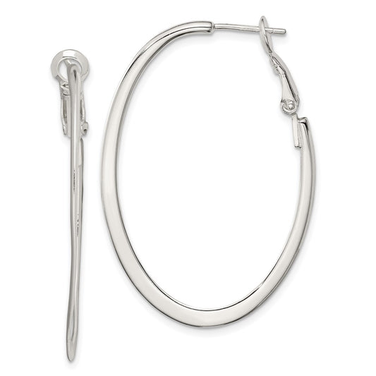 QE3772 Sterling Silver Rhodium-plated 1.5mm Oval Omega Back Hoop Earrings
