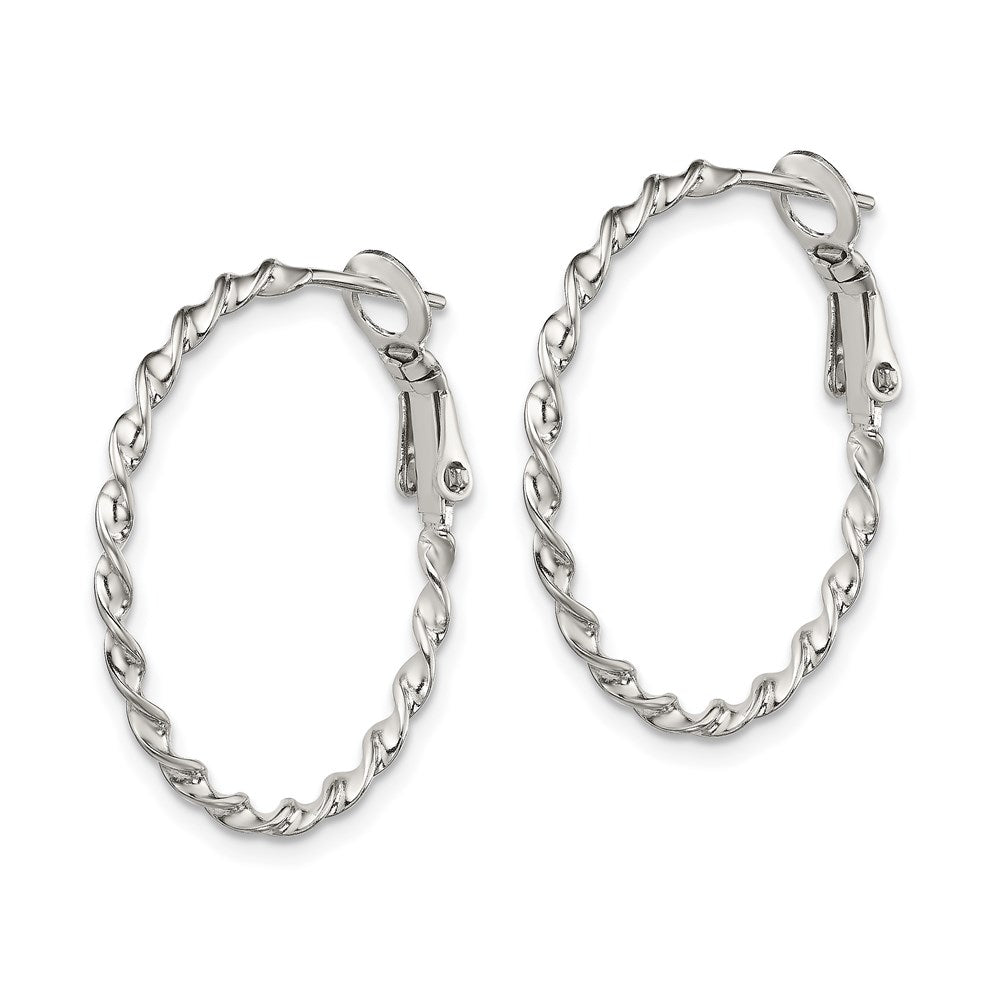 QE3791 Sterling Silver Rhodium-plated Twisted Omega Back Hoop Earrings
