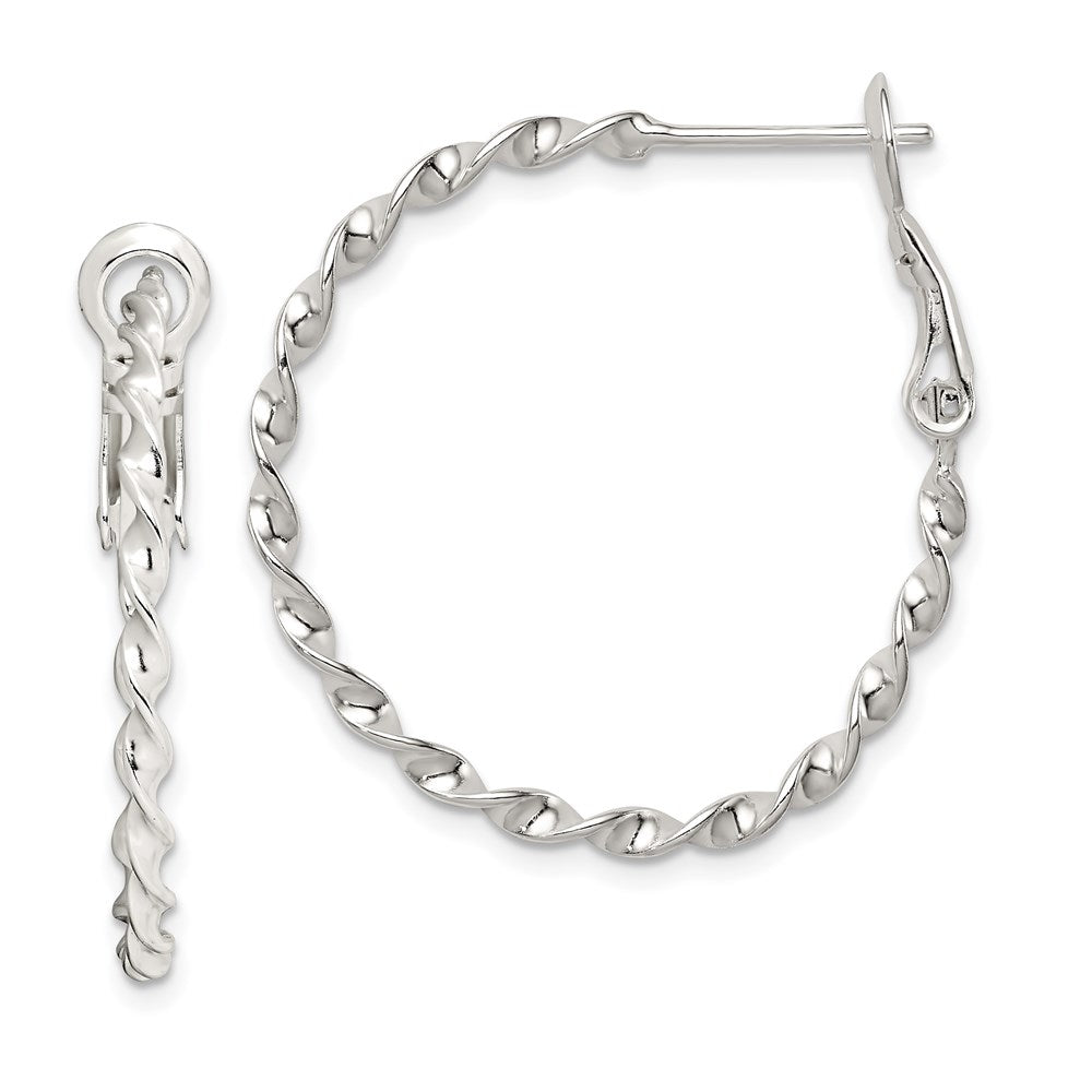 QE3791 Sterling Silver Rhodium-plated Twisted Omega Back Hoop Earrings