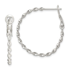 QE3791 Sterling Silver Rhodium-plated Twisted Omega Back Hoop Earrings