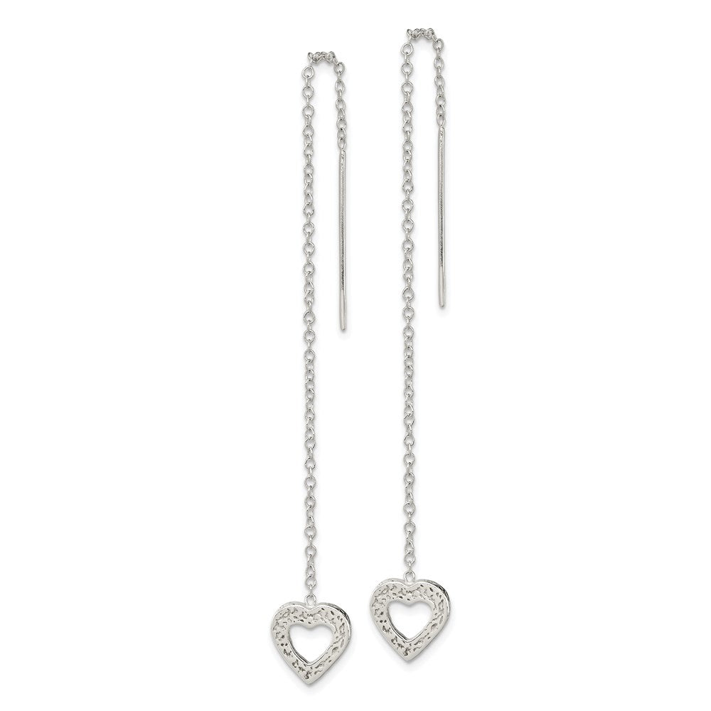 QE3817 Sterling Silver Polished & Hammered Heart Threader Earrings