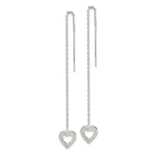 QE3817 Sterling Silver Polished & Hammered Heart Threader Earrings