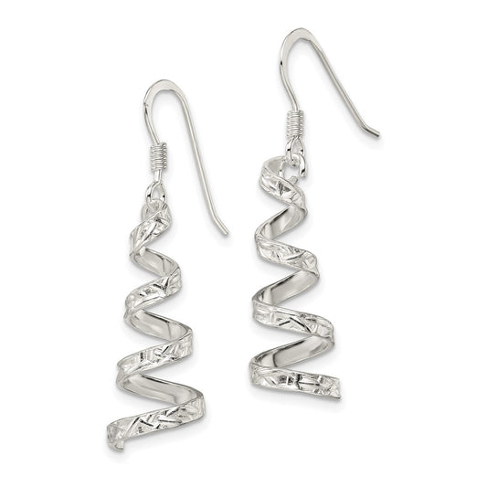 QE3935 Sterling Silver Polished & Textured Twisted Dangle Earrings