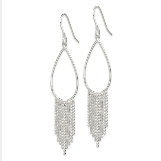 QE4118 Sterling Silver Polished Teardrop & Beaded Chain Dangle Earrings