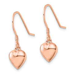 QE4204RP Sterling Silver Rose-tone Puffed Heart Dangle Shepherd Hook Earrings