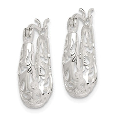 QE4245 Sterling Silver Polished Filigree Oval Hoop Earrings