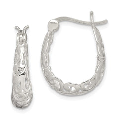 QE4245 Sterling Silver Polished Filigree Oval Hoop Earrings