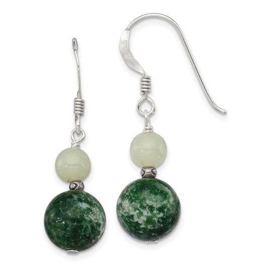 QE4253 Sterling Silver Antiqued Moss Agate & Green Quartz Dangle Earrings
