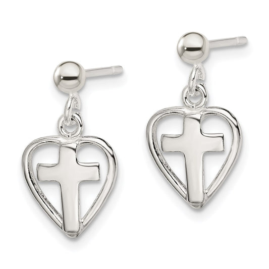 QE4260 Sterling Silver Polished Cross in Heart Post Dangle Earrings