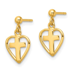 QE4260GP Sterling Silver Gold-tone Polished Cross In Heart Post Dangle Earrings