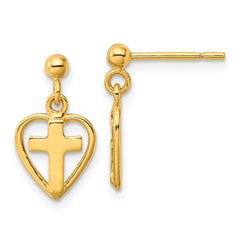 QE4260GP Sterling Silver Gold-tone Polished Cross In Heart Post Dangle Earrings