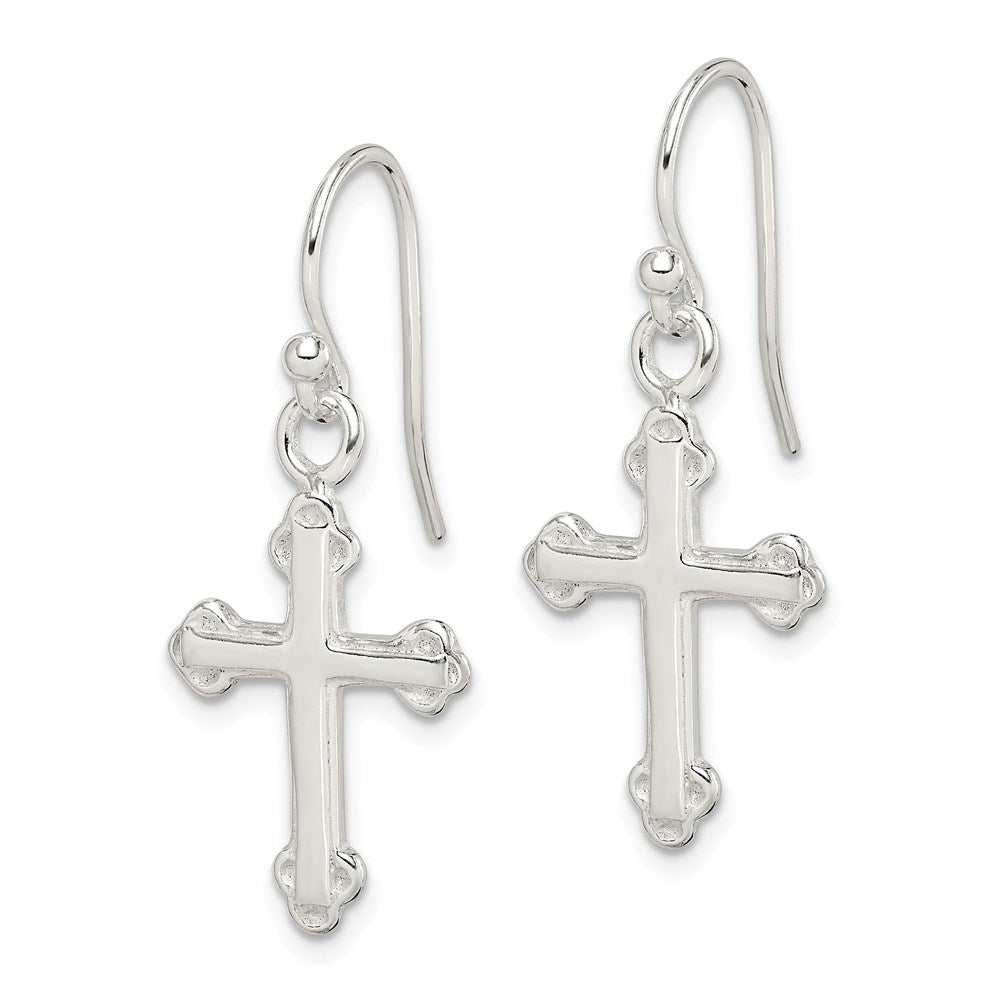 QE4263 Sterling Silver Polished Budded Cross Dangle Earrings