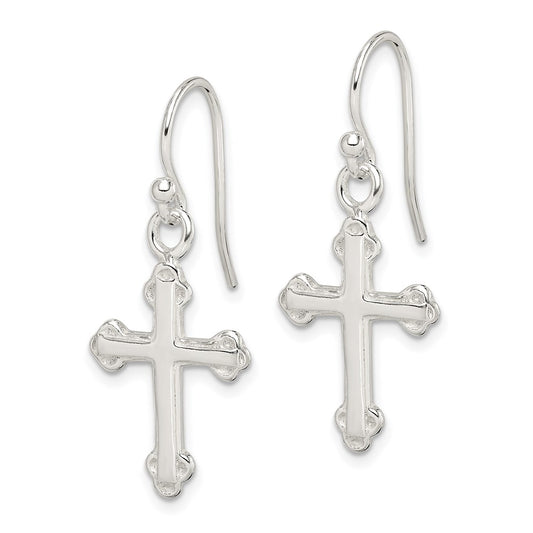 QE4263 Sterling Silver Polished Budded Cross Dangle Earrings