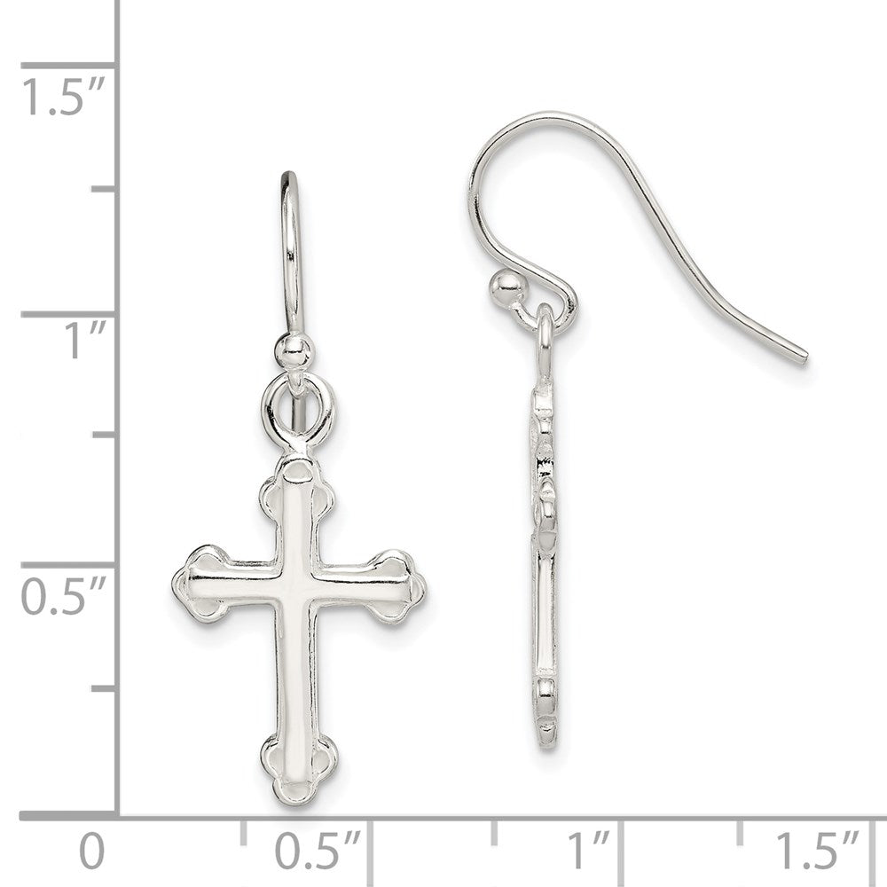 QE4263 Sterling Silver Polished Budded Cross Dangle Earrings