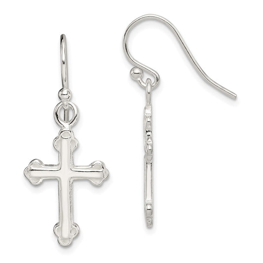 QE4263 Sterling Silver Polished Budded Cross Dangle Earrings